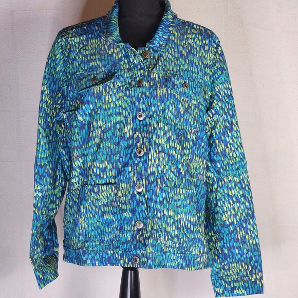 Attyre New York Blue Green Yellow Abstract Rayon Nylon Span Adj Waist Jacket XL - Picture 1 of 16